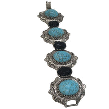 Load image into Gallery viewer, Silver Tone Large Faux Turquoise & Black Bracelet c.1980s