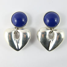 Load image into Gallery viewer, Vintage Silver-Tone Heart Earrings With Dark Blue Stone (New York)