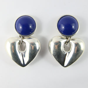 Vintage Silver-Tone Heart Earrings With Dark Blue Stone (New York)