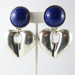 Vintage Silver-Tone Heart Earrings With Dark Blue Stone (New York)
