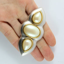 Load image into Gallery viewer, Yves Saint Laurent Signed 'YSL' Vintage Silver Plated Brooch With Gold Outlines & Faux Pearls