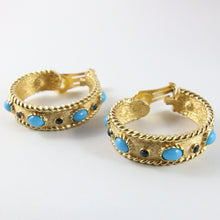 Load image into Gallery viewer, Christian Dior Signed Vintage Hoop Gold Tone Earrings With Turquoise Cabochon Stones (Clip-on) - Harlequin Market