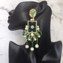 Load image into Gallery viewer, (Damaged) Lawrence VRBA Signed Large Statement Crystal Earrings - Peridot-Green-Gold (clip-on) - Harlequin Market