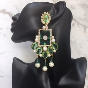 (Damaged) Lawrence VRBA Signed Large Statement Crystal Earrings - Peridot-Green-Gold (clip-on) - Harlequin Market