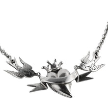 Load image into Gallery viewer, William Griffiths Sterling Silver Heart Banner Sparrows Locket Necklace (Locket Opens)