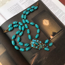 Load image into Gallery viewer, Vintage Miriam Haskell Signed 2-Strand Turquoise Glass Bead Floral Design Necklace c. 1950