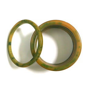 Sliced Bakelite Spacer Bangles c.1950's - Spinach + Yellow