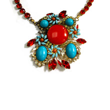 Load image into Gallery viewer, Harlequin Market Coral and Turquoise Crystal Statement Necklace