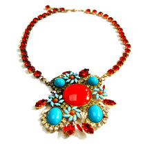 Load image into Gallery viewer, Harlequin Market Coral and Turquoise Crystal Statement Necklace