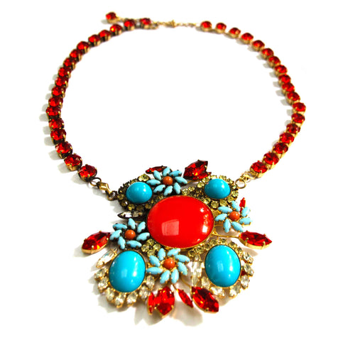 Harlequin Market Coral and Turquoise Crystal Statement Necklace