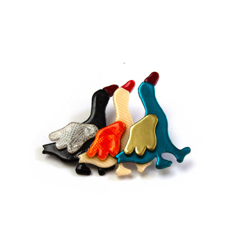 Rare Lea Stein 3 Geese Brooch Pin - Black, Blue, Orange