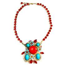 Load image into Gallery viewer, Harlequin Market Coral and Turquoise Crystal Statement Necklace