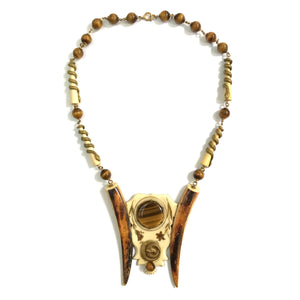 Rare French Ivory Pendant with Tiger's Eye and Brass Snake Design