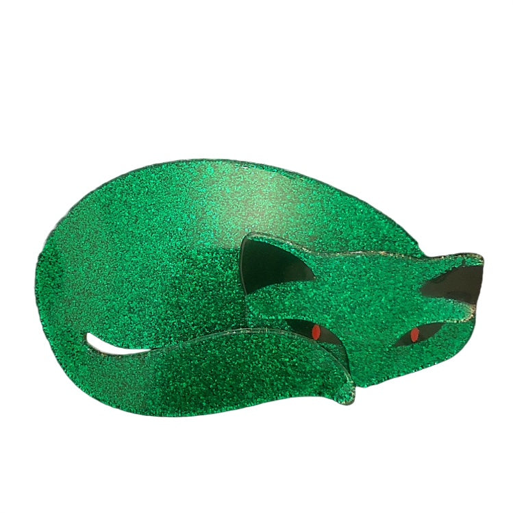 Lea Stein Mistigri Big Sleeping Cat Brooch Pin - Green Sparkle