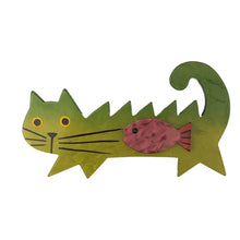 Load image into Gallery viewer, Pavone Signed Large Green Cat With Purple Fish Brooch Pin