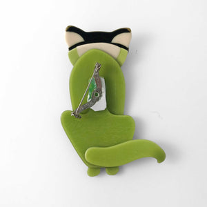 Signed Lea Stein Sacha Cat Brooch - Green, White