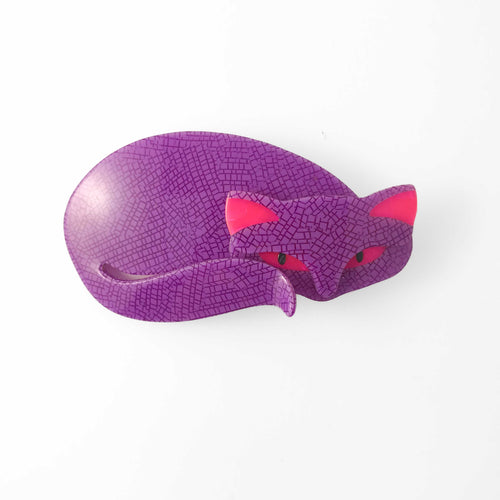 Lea Stein Mistigri Big Sleeping Cat Brooch Pin - Purple (cracked) & Pink