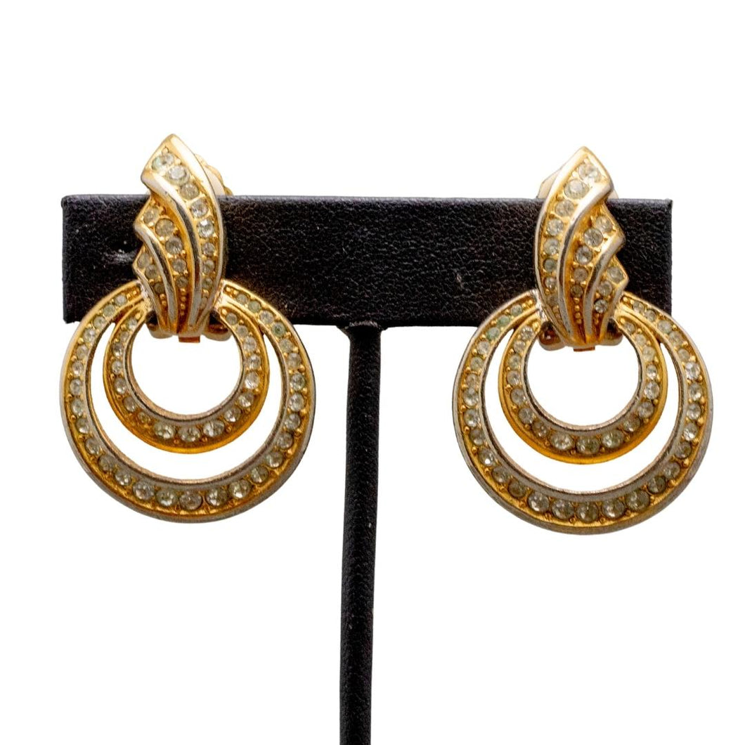 Christian Dior Signed Vintage Double Hoop Crystal Encrusted Gold Tone Earrings (Clip-on)