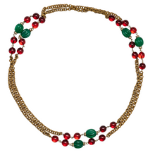Load image into Gallery viewer, French Vintage Green &amp; Red Glass Beads on Double Linked Brass Chain