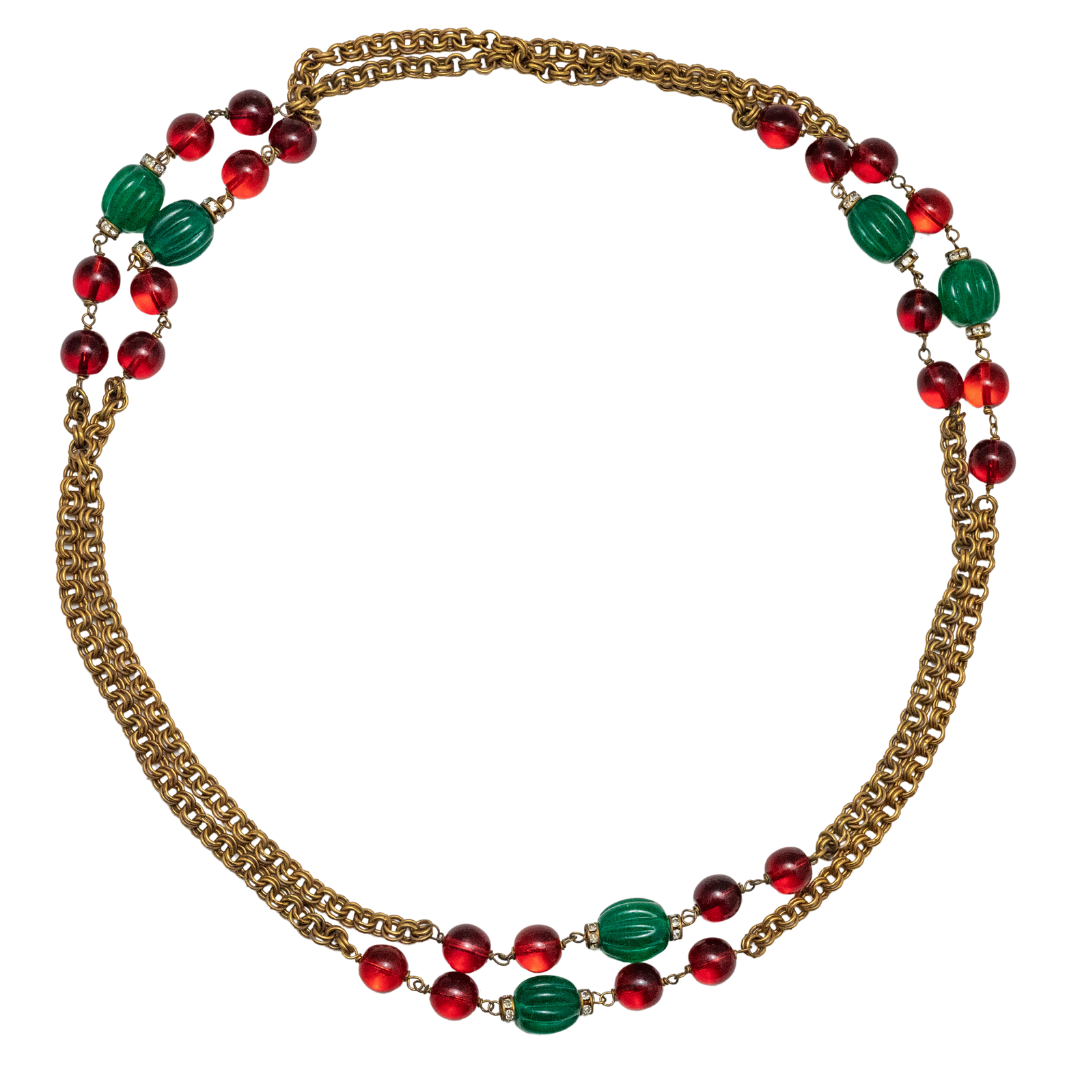 French Vintage Green & Red Glass Beads on Double Linked Brass Chain
