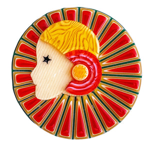 Lea Stein Full Collerette Art Deco Girl Brooch Pin - Red, Yellow & Creme