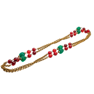 French Vintage Green & Red Glass Beads on Double Linked Brass Chain