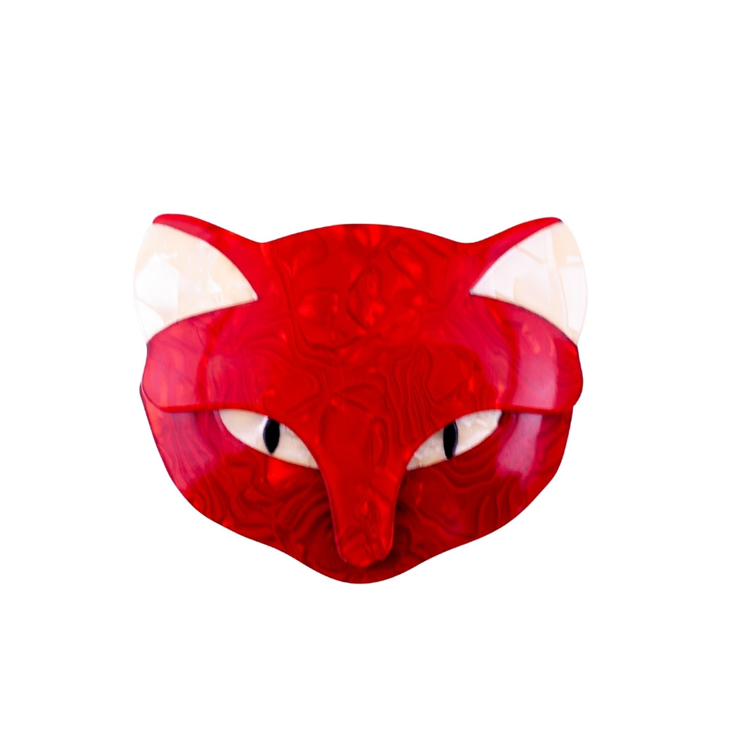 Lea Stein Attila Cat Face Brooch Pin - Red & Creme