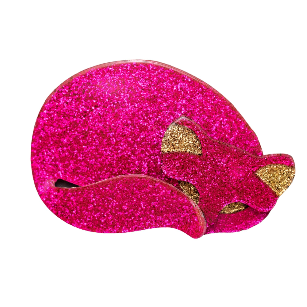Lea Stein Gomina Sleeping Cat Brooch Pin - Pink & Gold Sparkle