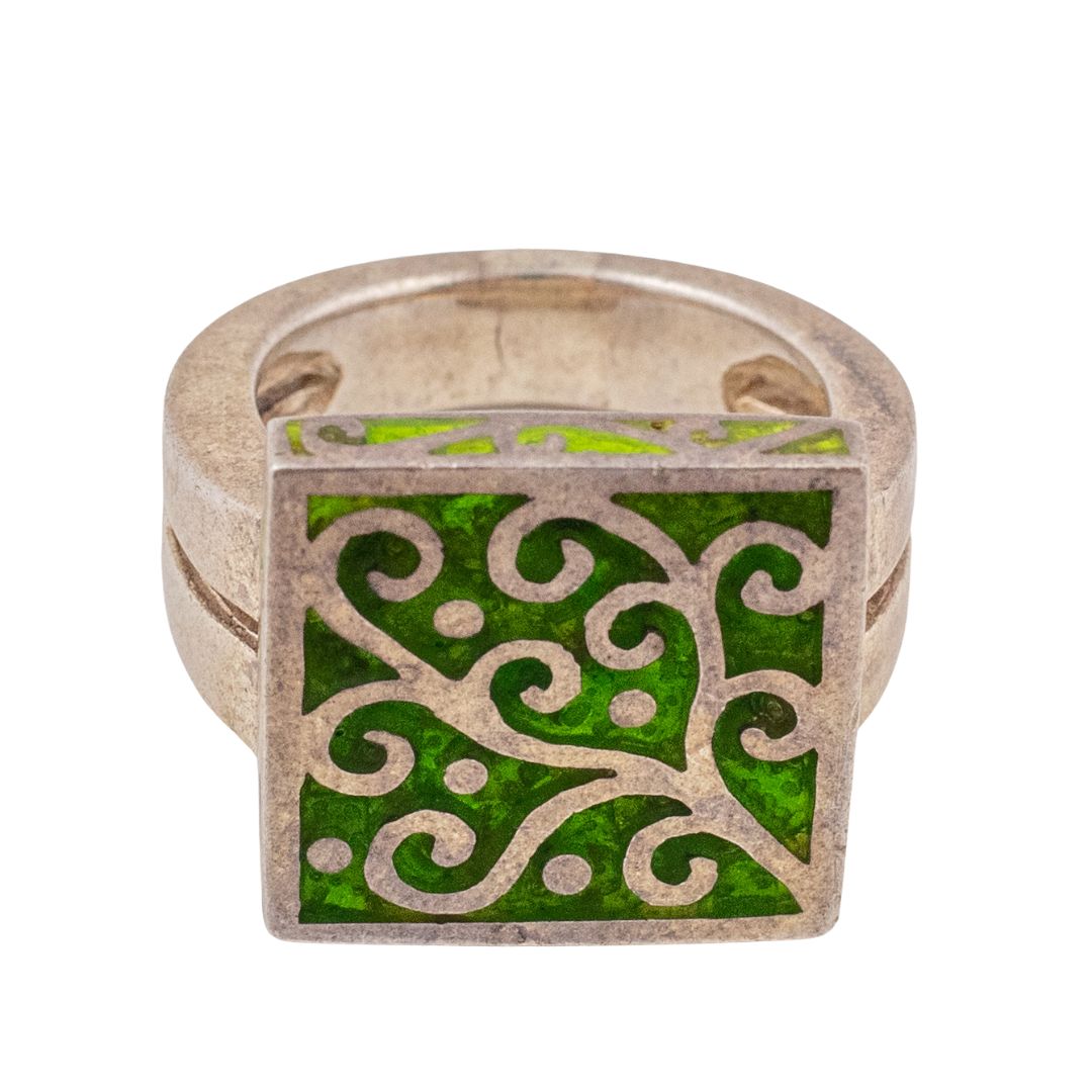 Green Leaf & Branch Motif Design Sterling Silver & Enamel Ring