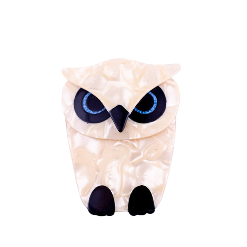 Lea Stein Signed Buba Owl Brooch Pin - Creme & Black