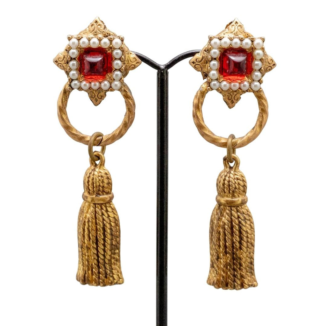 Vintage Tassel Earrings with Red Stone & Faux Pearl Detail (Pierced)