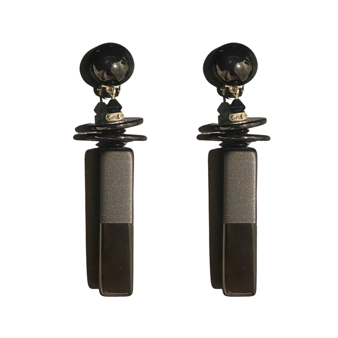 Angela Caputi Black Resin & Crystal Dangle Earrings - (Clip On)