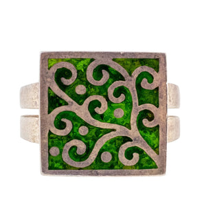 Green Leaf & Branch Motif Design Sterling Silver & Enamel Ring