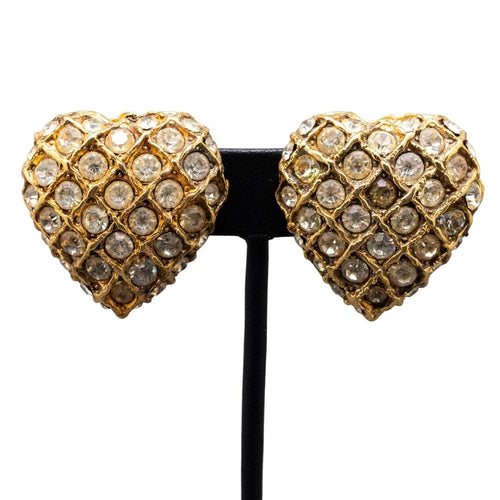 Vintage Heart Shaped Earrings with Clear Crystal Detailing (Clip-On)
