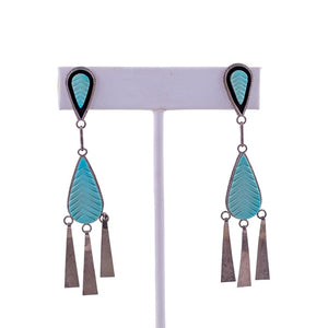 Carved Turquoise & Silver Drop Earrings  - (Pierced)