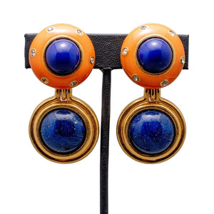 Signed Ciner NY Royal Blue & Coral Earrings with Small Crystal Detailing (Clip-On)