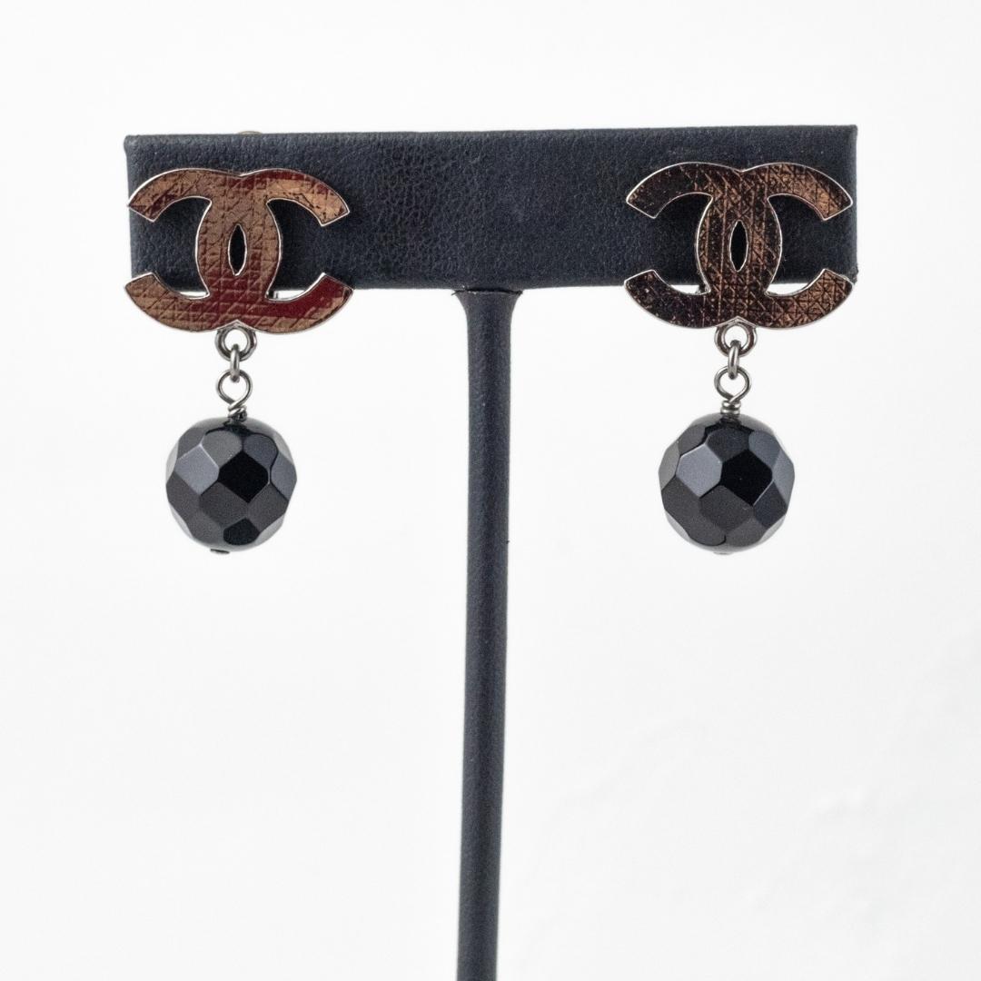 Signed Chanel 'CC' Black Crystal Stone Earrings (Clip-On)