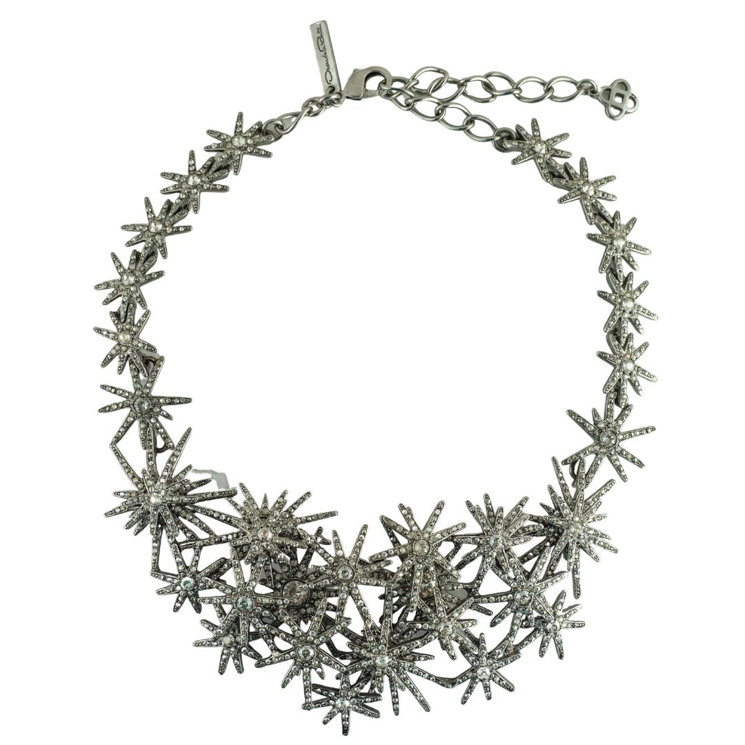 Signed Oscar de la Renta Silver Crystal Fireworks Statement Necklace