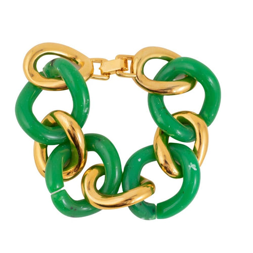 Signed Kenneth Jay Lane Polished Gold & Jade Link Bracelet