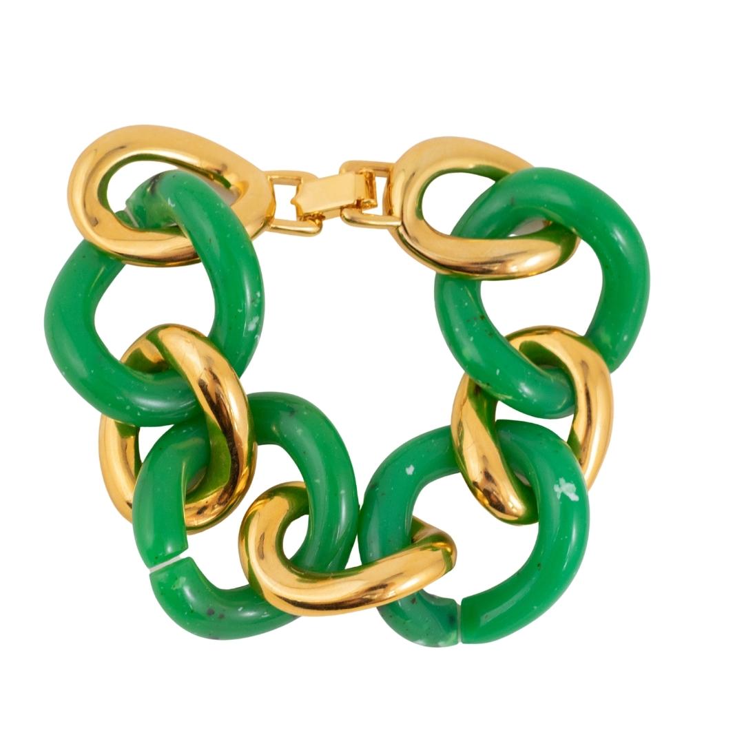 Signed Kenneth Jay Lane Polished Gold & Jade Link Bracelet