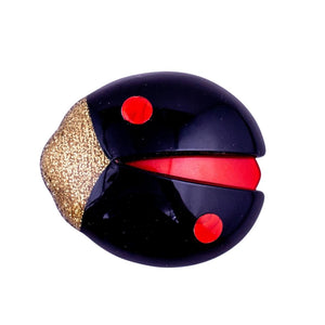 Lea Stein Signed Lady Bug Brooch Pin - Black, Red & Gold