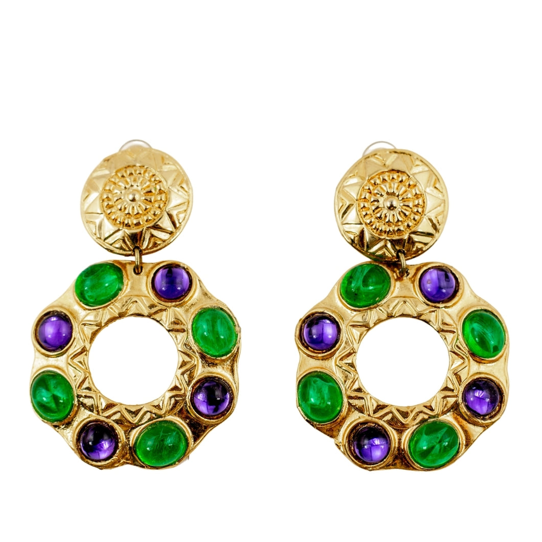 Vintage Gold Earrings with Purple & Green Glass Stones - (Clip-On)