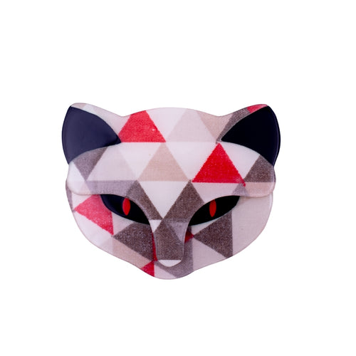 Lea Stein Attila Cat Face Brooch Pin - Red & Beige Checkered