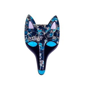 Lea Stein Tete Fox Brooch - Black & Blue Mosaic Pattern