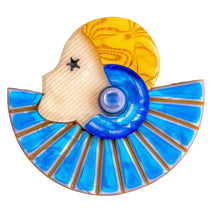 Load image into Gallery viewer, Lea Stein Half Collerette Art Deco Girl Brooch Pin - Blue, Creme &amp; Yellow