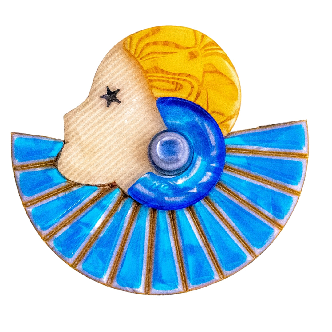 Lea Stein Half Collerette Art Deco Girl Brooch Pin - Blue, Creme & Yellow