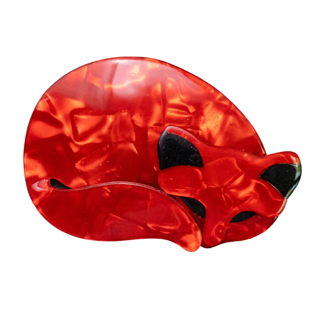 Lea Stein Gomina Sleeping Cat Brooch Pin - Ruby Red Swirl