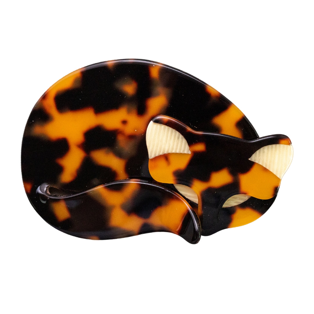 Lea Stein Gomina Sleeping Cat Brooch Pin - Orange & Black Tortoiseshell