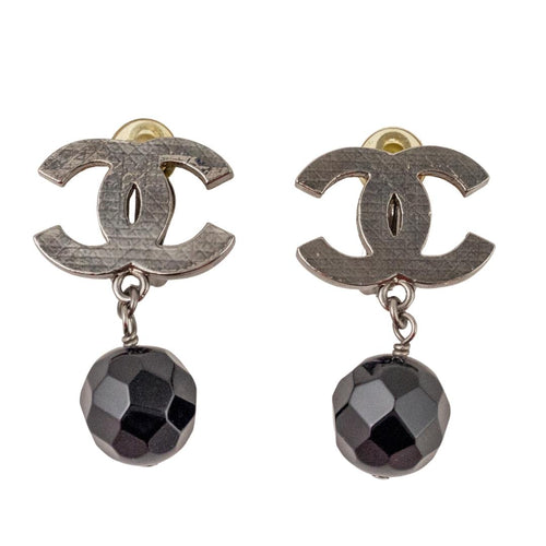 Signed Chanel 'CC' Black Crystal Stone Earrings (Clip-On)