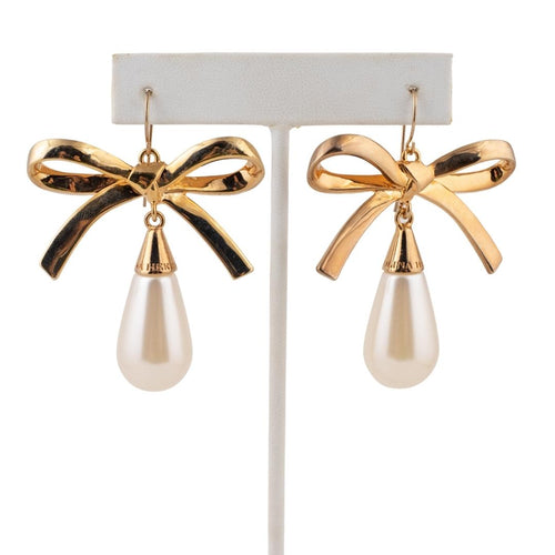 Signed Carolina Herrera Gold Bow & Pearl Drop Earrings (Pierced)